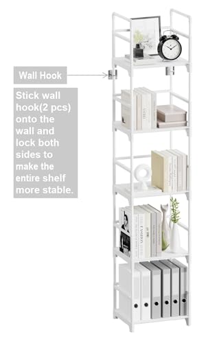 FIDUCIAL HOME 5 Tiers Narrow Bookshelf White Skinny Open Book Shelf | Slim Thin Small Spaces for Space Saving, Easy to Assemble, 12"L x 10"W x 57.2"H - size: 5 Tier