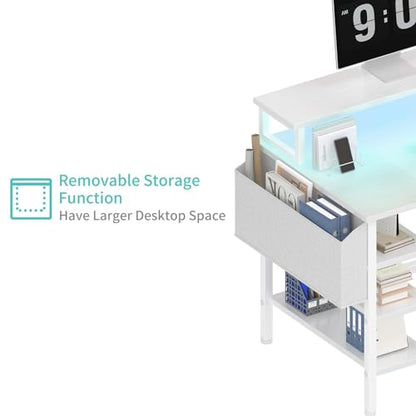 Lufeiya White Desk with Storage Shelves - 47 inch Home Office Gaming Desk with Monitor Stand, Computer Desk with LED Lights and Power Outlets, White - color: White