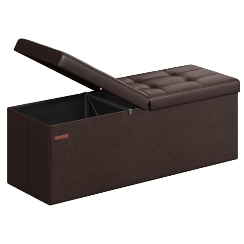SONGMICS MAZIE Collection - 43 Inches Storage Ottoman Bench with Flipping Lid, Storage Chest with Iron Frame Support, Load 660 lb, for Living Room, Bedroom, Synthetic Leather, Brown ULSF75BR - color: Brown, size: 15"D x 43"W x 15"H