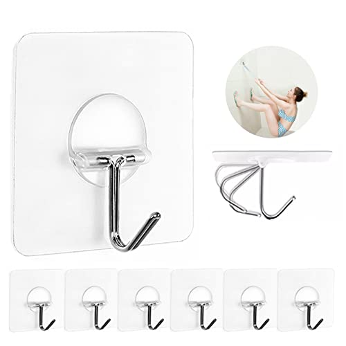 JINSHUNFA Adhesive Wall Hooks 13LB Heavy Duty No Drill Transparent Waterproof Hooks for Bathroom Kitchen Towel Coat 8 Pack - color: Clear, size: Medium 8 Pcs