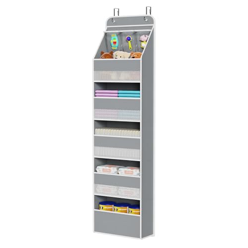 Univivi 6-Shelf Over Door Hanging Organizer Fabric Baby Door Storage with 5 Large Pockets and 3 Small PVC Pockets Wall Mount Hanging Storage Organizers for Baby Essential (Grey) - color: Grey, size: 6 LAYER