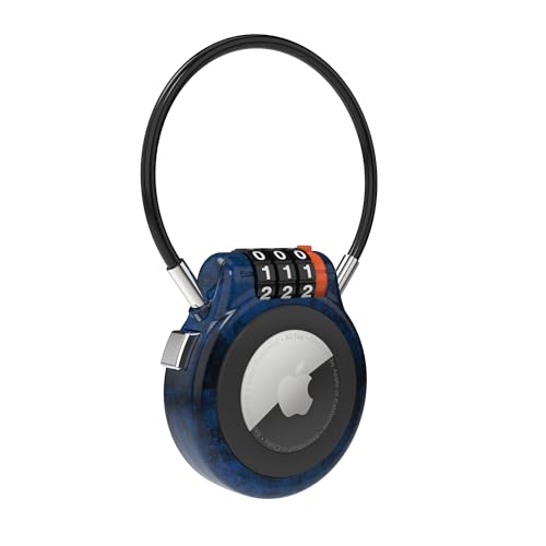 Metal AirTag Holder with Combination Lock & Steel Cable, Finder Lock Case Compatible with Apple AirTag, Anti Theft for Luggage Backpack Stroller Suitcase Car Tracking, Weather Resistant - color: Retro Blue