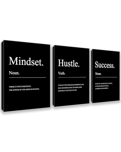 Motivational Wall Decor Black Mindset Canvas Wall Art Hustle Posters Prints Inspirational Entrepreneur Quote Office Decor Success Paintings Home Bedroom Living Room Framed Decorations (60" Wx28 H) - color: Decor-01, size: 20 x 28 inch x 3pcs