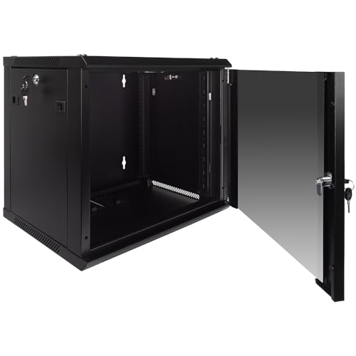 NavePoint 9U Server Rack Enclosure with Glass Door, Cooling Fan, Locks, & Removable Side Panels - 9U Wall Mount Network Cabinet 19 Inch Rack 17.7 Inches Deep - size: 9U