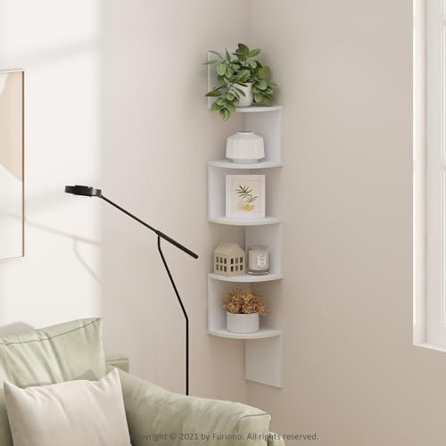 Furinno Rossi 5-Tier Wall Mount Floating Radial Corner Shelf, White - color: White