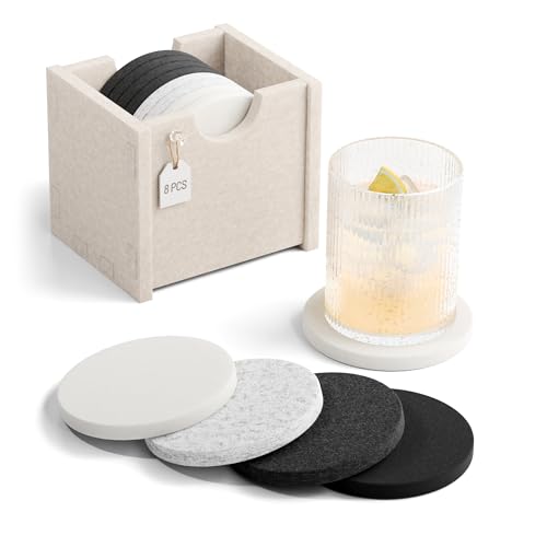 Fluxynara Felt Coasters for Drinks, Set of 8 Absorbent Coasters with Holder, Heat-Resistant & Reusable Round Design for Coffee Table & Living Room, 3.94 Inch, Concrete Echo - color: Concrete Echo, size: Round - 8 Count