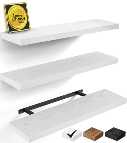 BAYKA White Floating Shelves for Wall, Set of 3, 35.4 Inches Long Wall Mounted Rustic Wood Shelves for Bathroom, Bedroom, Living Room or Kitchen, Hanging Shelf for Book/Storage/Decor, 30lbs Capacity - color: C. White - Modern Minimalist Style, size: 35.4i