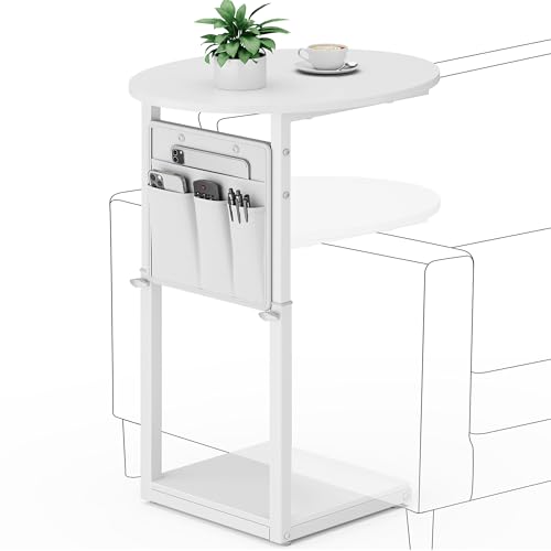 Vagusicc C Shaped End Table, Adjustable Height Small Side Table for Couch and Recliner, 32" Tall Couch Side Table Slide Under Sofa Tray Desk with Storage Bag for Living Room and Bedroom, White - color: White, style: Ordinary