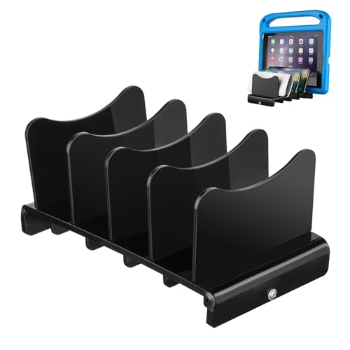 Acrylic Multi Device Organizer Stand Base for Portable Charger Power Banks, 4 Slots Desktop Storage Holder Compatible with USB Battery Pack, Phones and Tablets (Stand Only) - Black