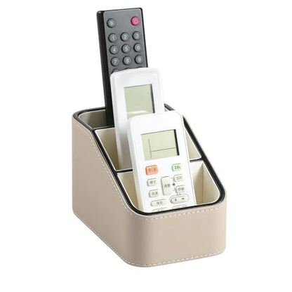 PU Leather Remote Control Holder, Small Desk Organizer Office Supply Bedside Caddy for Nightstand End Table Couch, Pen Remote Organizer with 3 Compartments (Beige) - color: Beige