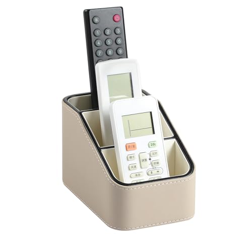 PU Leather Remote Control Holder, Small Desk Organizer Office Supply Bedside Caddy for Nightstand End Table Couch, Pen Remote Organizer with 3 Compartments (Beige) - color: Beige