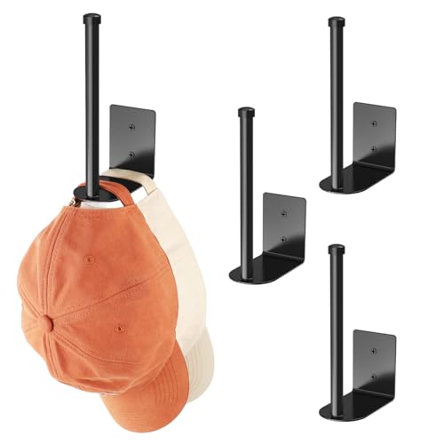 4 Pack Hat Racks for Baseball Caps, Stainless Steel Hat Organizer for Baseball Cap, Hat Holder Storage Organizer, H at Hanger Strong Adhesive/Wall Drilled for Door, Bedroom, Closet(Black 6 in) - color: Black, size: 4 Pack 6 in