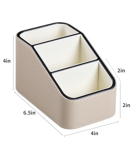 PU Leather Remote Control Holder, Small Desk Organizer Office Supply Bedside Caddy for Nightstand End Table Couch, Pen Remote Organizer with 3 Compartments (Beige) - color: Beige