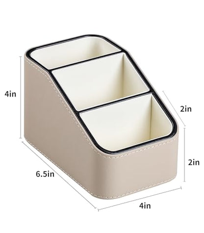 PU Leather Remote Control Holder, Small Desk Organizer Office Supply Bedside Caddy for Nightstand End Table Couch, Pen Remote Organizer with 3 Compartments (Beige) - color: Beige