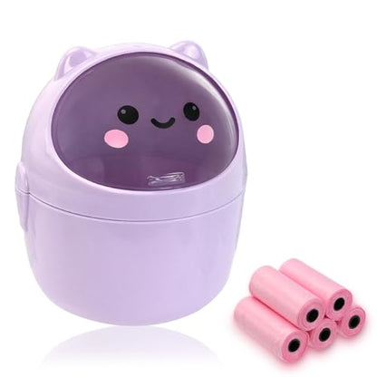 Mini Trash Can, Cute Small Trash Can with Lid, Desktop Paper Bin with 5 Rolls of Bin Liners, Portable Tabletop Dustbin, Cartoon Animal Rubbish Storage for Office Bedroom Desk Kitchen(Purple) - color: PurPle