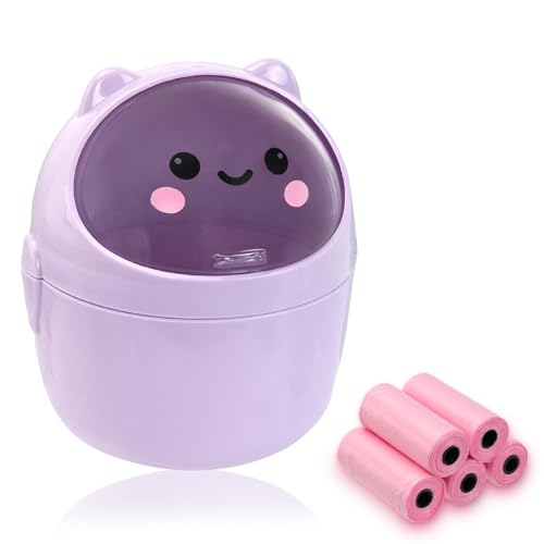 Mini Trash Can, Cute Small Trash Can with Lid, Desktop Paper Bin with 5 Rolls of Bin Liners, Portable Tabletop Dustbin, Cartoon Animal Rubbish Storage for Office Bedroom Desk Kitchen(Purple) - color: PurPle