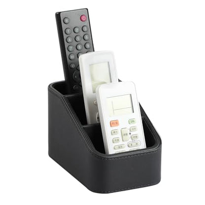 PU Leather Remote Control Holder, Small Desk Organizer Office Supply Bedside Caddy for Nightstand End Table Couch, Pen Remote Organizer with 3 Compartments (Black) - color: Black
