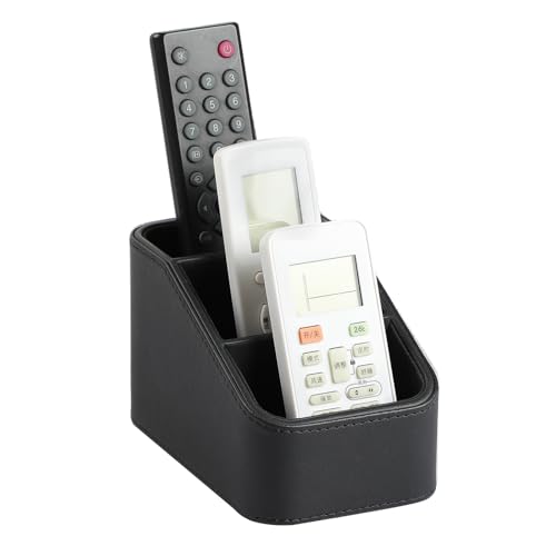 PU Leather Remote Control Holder, Small Desk Organizer Office Supply Bedside Caddy for Nightstand End Table Couch, Pen Remote Organizer with 3 Compartments (Black) - color: Black