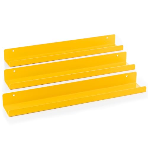 Vinyl Record Shelf - 3 Metal Display Shelves - Wall Mount Now-Playing Vinyl Shelves - an Album Record Holder that Doubles as a Picture Ledge - Fits All Records (Yellow) - color: Metal (Yellow)
