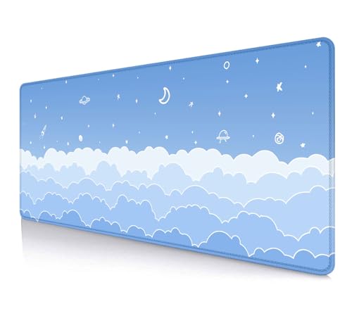 IMAYONDIA Cute Pastel Blue Desk Mat, Aesthetic Stars Moon Desk Pad, Kawaii Anime Deskmat, Gradient White Clouds Computer Pad, Minimalist Large Gaming Mouse Pad Mousepad, 31.5 X 11.8 Inch - color: Blue Gradient Clouds