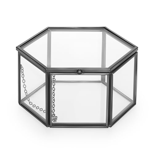 Hipiwe Glass Jewelry Box - Vintage Trinket Display Box Hexagonal Wedding Ring Box Black Jewelry Display Organizer for Rings Earrings Bracelet Watch, Medium - color: Black, size: Medium