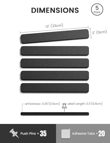 Fluxynara Cork Board Alternative Felt Strip Board 5-Pack 13"x2", Office Pin Board with 35 Push Pins, Adhesive Install for Bedroom Door & Home Office (Black) - color: Black, size: 5-pack