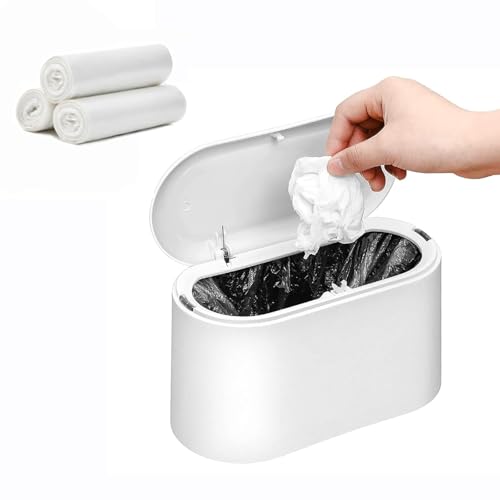 SUBEKYU Mini Trash Can with Lid,Small Desk Trash Can,Countertop Mini Garbage Cans,Tiny Waste Basket,White,with 3 roll Bags - color: White 0.5 Gal with Lid