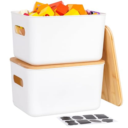 Citylife Storage Bins with Bamboo Lids 7QT Plastic Storage Containers Stackable Organizer Boxes with Handle for Desk Snacks, Toys, 2 PCS, 10" L x 7" W x 5.8" H - size: Small, style: 2 Pack