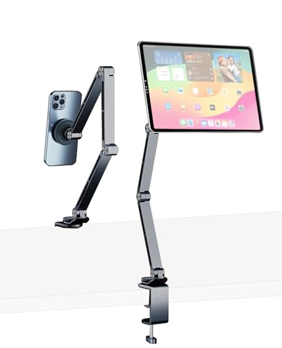 Magnetic Tablet Stand for Desk Aluminum Alloy Phone iPad Desk Holder Overhead Arm Mount with 360°Rotate Base for Magsafe/iPhone/Android/iPad (Magnetic Gray) - color: Magnetic Gray