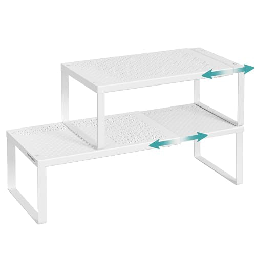 SONGMICS Spice Racks, Set of 2 Expandable Kitchen Countertop Shelves, Small Cupboard Organizers, Metal, Space-Saving Tabletop Shelves, Matte White UKCS402W01 - color: Matte White, size: Set of 2
