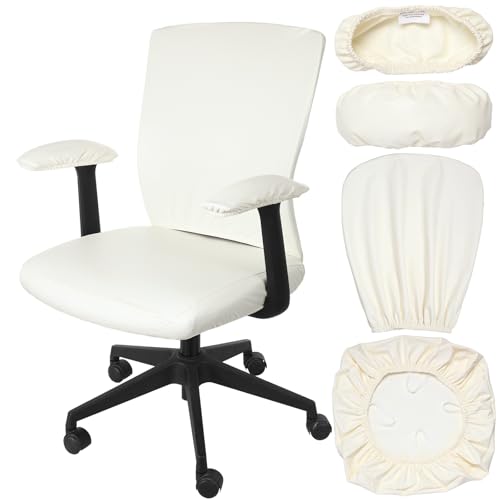 Tallew 4 Pcs Office Chair Covers PU Leather Office Desk Accessories Universal Computer Chairs Cover Stretchable Protective Chair Seat Covers Desk Armrest Cover Slipcovers Rotating Backrest(Beige) - color: Beige