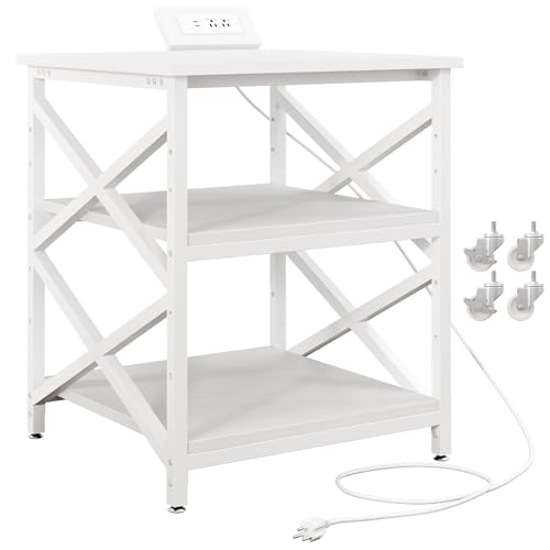 METYERRY Large Printer Stand with Power Outlet, with Height Adjustable Storage Shelf, 3 Tier Rolling Printer Cart with Industrial Wheels, 23.6 x 23.6 Inches Printer Table for Home Office, White - color: White