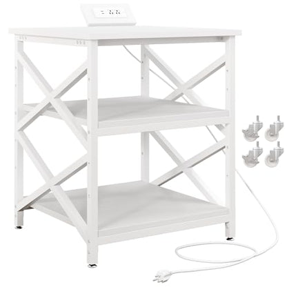 METYERRY Large Printer Stand with Power Outlet, with Height Adjustable Storage Shelf, 3 Tier Rolling Printer Cart with Industrial Wheels, 23.6 x 23.6 Inches Printer Table for Home Office, White - color: White