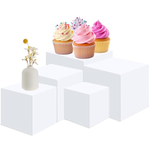 Geetery Set of 5 Display Buffet Risers (3",4",5",6",7") Acrylic Cube with Hollow Bottoms Acrylic Boxes Table Stands for Display Dessert Catering Collectibles Jewelry Decor (Small,3,4,5,6,7 Inch,White) - color: white, size: Small,3,4,5,6,7 Inch