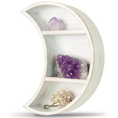 LABEND HOME Moon Shaped Shelf for Crystals - Crescent Moon Shelf Wall Mounted - Half Moon Shelf for Crystal Display, Stones, Trinkets - Reversible Boho Spiritual Décor for Bedroom - White Rustic Wood - color: White