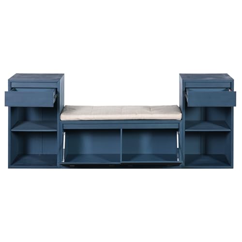 77.48" Entryway Storage Bench with Cushion, Drawers & Shelves, Antique Navy | 4-in-1 Hallway Bench with Drawers, Compartments & Open Shelves – Mudroom Shoe Storage, Entryway Organizer - color: Antique Navy