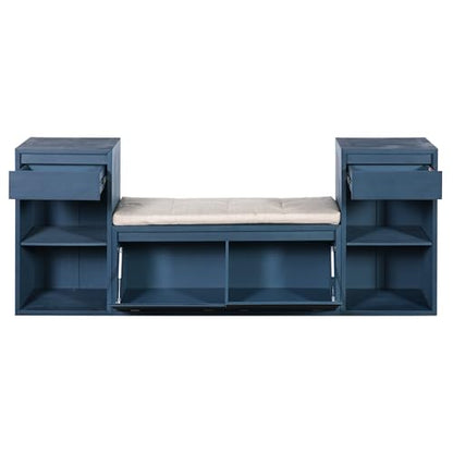 77.48" Entryway Storage Bench with Cushion, Drawers & Shelves, Antique Navy | 4-in-1 Hallway Bench with Drawers, Compartments & Open Shelves – Mudroom Shoe Storage, Entryway Organizer - color: Antique Navy
