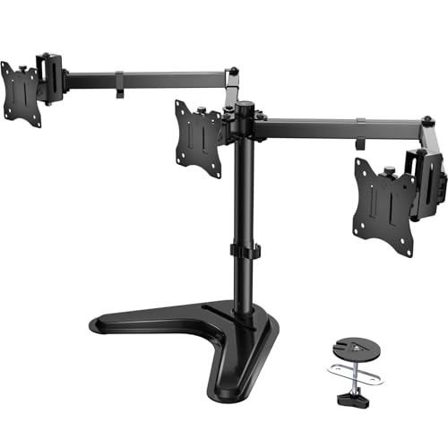 WALI Free Standing Triple Monitor Mount, Heavy Duty Triple Monitors Stand for 13-27 inch Screens, Adjustable 3 Monitor Arm Desk Mount with Swivel, Tilt, Rotation, Grommet Base (MF003N), Black - size: Triple, style: Steel Free Stand