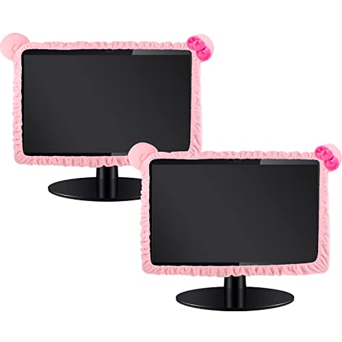 Hoteam 2 Pcs 17''-24'' Kawaii Computer Monitor Cover with Cat Ear Furry Cute Pink Monitor Dust Cover Protector Lovely Computer Desk Accessories Laptop TV LCD Screen Decoration for Tablet