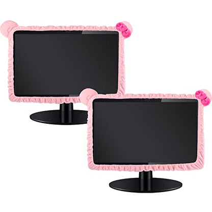 Hoteam 2 Pcs 17''-24'' Kawaii Computer Monitor Cover with Cat Ear Furry Cute Pink Monitor Dust Cover Protector Lovely Computer Desk Accessories Laptop TV LCD Screen Decoration for Tablet