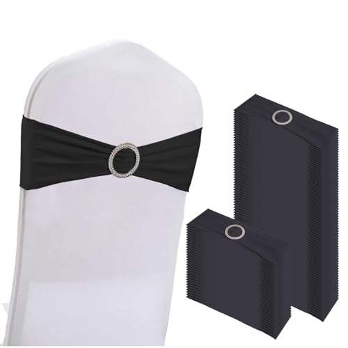 WJWHQ 100PCS Spandex Stretch Chair Sashes Bows Elastic Chair Cover Bands Ties with Buckle Slider for Wedding Party Reception Events Universal Ceremony Banquet Decorations(Black) - color: Black
