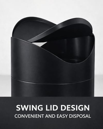 Small Mini Trash Can with Lid, Matte Black Tabletop Garbage Can, Tiny Countertop Trash Can for Coffee Bar & Office Desk, Premium Metal Swing Top Waste Bin for Makeup Vanity, 1.5 L/0.40 Gal (Black) - color: Black