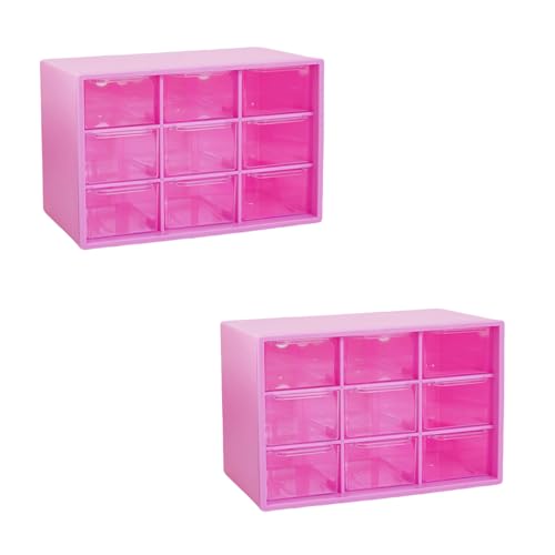 Feadily 2PCS Small Drawer Organizer for Desk, Desktop Drawer Organizer with 9 Clear Drawers, Plastic Desktop Storage Drawers 7.1 Inch x 3 .9 Inch x 4.7 Inch, Rose Red - color: Rose Red, size: 2PCS