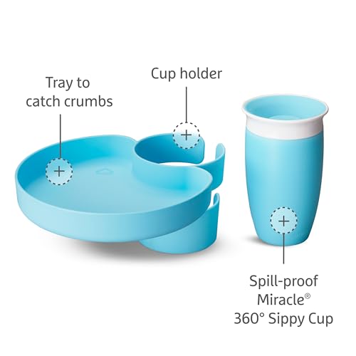 Munchkin Carseat Tray with Miracle 360 Sippy Cup for Toddlers 1-3 - Travel & Road Trip Accessory for Kids, Mess-Free Snacking and Spill Proof Drinking in The Car, Blue - color: Blue