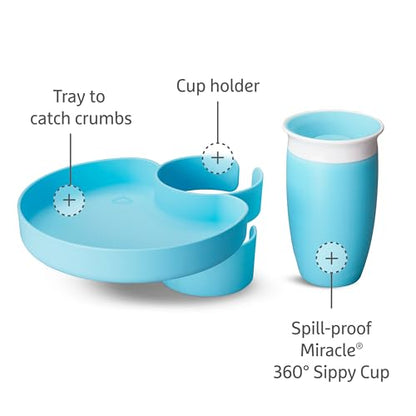 Munchkin Carseat Tray with Miracle 360 Sippy Cup for Toddlers 1-3 - Travel & Road Trip Accessory for Kids, Mess-Free Snacking and Spill Proof Drinking in The Car, Blue - color: Blue