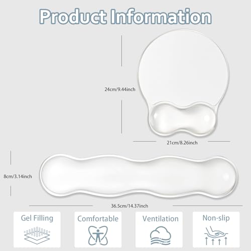 Gel Keyboard and Mouse Wrist Rest Set - Ergonomic Gel Mouse Pad with Wrist Support for Typing Pain Relief/Office/Computer/Laptop/Gaming - color: White, style: Wave Shape