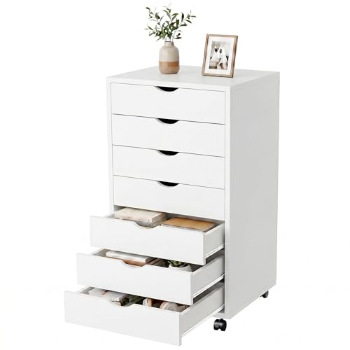 7 Drawer File Cabinet, Under Desk Storage Organization with Wheels, Mobile Filing Chest for Small Desk Printer Stand for Home Office, White - color: White, size: 15.75"D x 18.74"W x 34.25"H