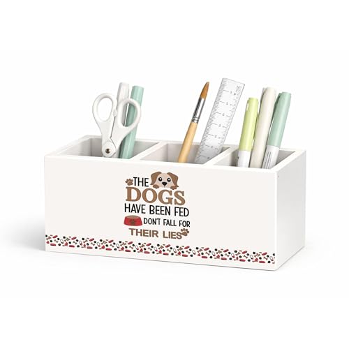 Dog-Themed Wooden Desk Organizer Pen Holder | Cute dog quote design with 3 compartments; wooden pencil holder stores pens, scissors, rulers for kids, home, or office desk. - color: Dogs Fed
