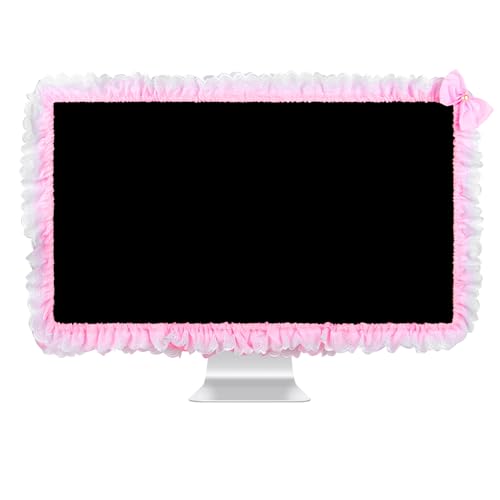 Cute Pink Lace 32"-38" Computer Monitor Screen Dust Cover with Bowknot | Lovely Pink Bow | Lace Trim | Adjustable Elastic Band - color: Pink & White Point