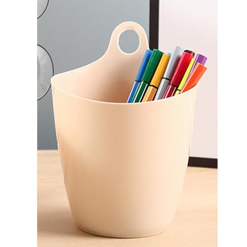 Small Hanging Trash Can, Mini Hangable Desktop Garbage Bin & Pen Holder Wall Mounted or Desk Side Mini Trash Can for Office Bedroom Kitchen Multi Functional Small Storage Organizer (Beige)